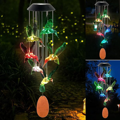 Solar Hummingbird Wind Chime Outdoor Color Changing, Garden Decor, Grandmother Gift, mom Gifts, Hummingbird Gifts, Birthday Gift for mom, Wind Chimes Outdoor Outside.