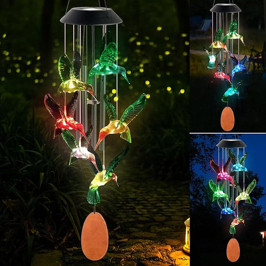 Solar Hummingbird Wind Chime Outdoor Color Changing, Garden Decor, Grandmother Gift, mom Gifts, Hummingbird Gifts, Birthday Gift for mom, Wind Chimes Outdoor Outside.