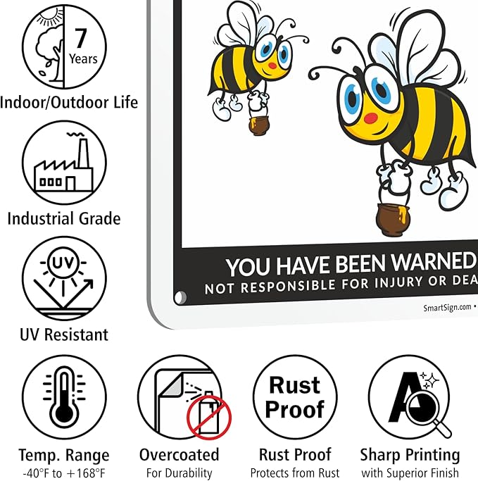 SmartSign Funny Beware Of Bees Warning Sign - 10"x7", 40 mil Laminated Rust-free Aluminum - Metal Signs for Home, Farmhouse, Club, Garden, Outdoors, Patio, Gifts, Cafe - Bees Theme, Made in USA