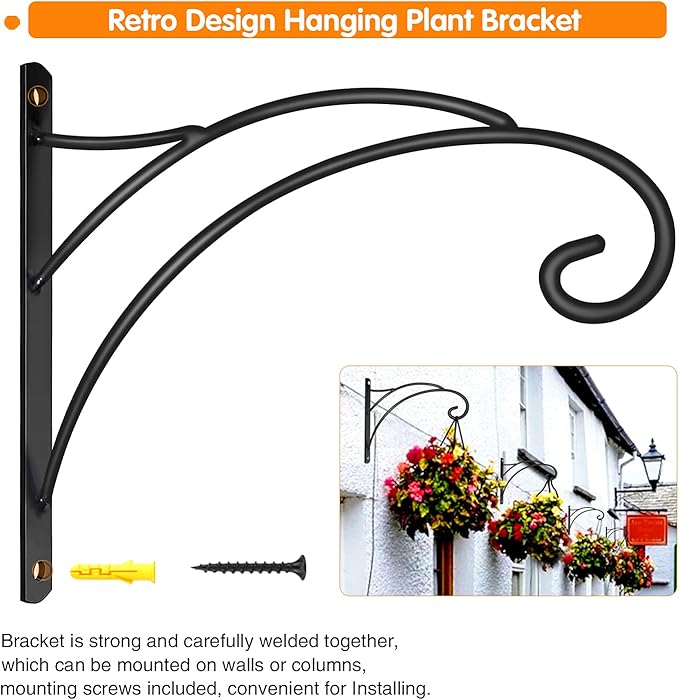 Hanging Plant Brackets, Pack of 2 Iron Hanging Basket Bracket Durable Weather-Resistant Outdoor Plant Hooks for Hanging Plant Lantern Windchime Birdhouse Metal Sign Fruit Bracket, Screw Included