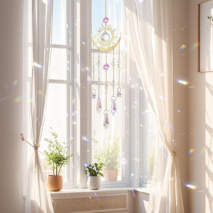 DEMIUKO Crystal Suncatcher, Suncatchers for Windows Hanging Prism Rainbow Maker Suncatchers with Crystals Indoor Outdoor Home Garden Decor for Birthday Thanks Giving Christmas(Sun and Moon)