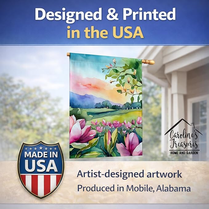 Caroline's Treasures Louisiana Magnolias in Watercolor House Flag Large Porch Sleeve Pole Decorative Outside Yard Banner Artwork Wall Hanging, Polyester, House Size, Multicolor