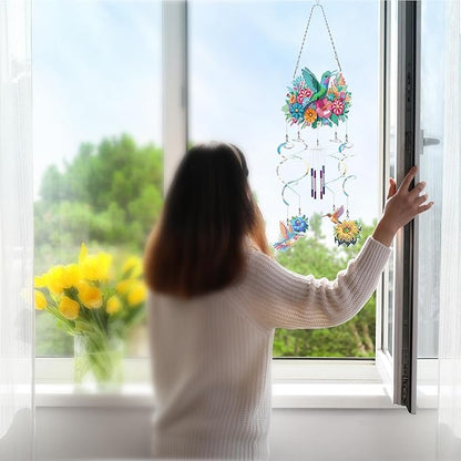 DIY Wind Chime Pendant Spring 3D Diamond Art Painting Hanging Ornament Double Sided Diamond Suncatchers for Window Home Backyard Garden Wall Door Decor-Hummingbird
