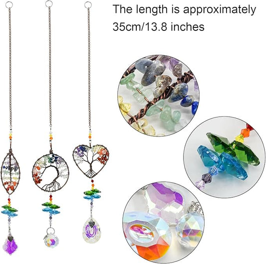 MrMrKura Tree of Life Crystal Suncatcher for Window Hanging, 3 Pieces Rainbow Maker with Prisms Decorative Sun Catcher Crystals Ornament for Indoor Home Decor