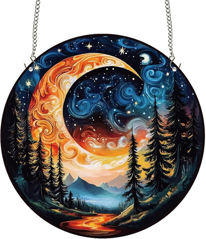 CREATCABIN Moon Window Hanging Acrylic Window Suncatchers Celestial Tree Stained Sun Catcher Decor Ornament with Chain Round Panel Wall Art for Home Kitchen Living Room Display Gifts 9.8 x 9.8 Inch