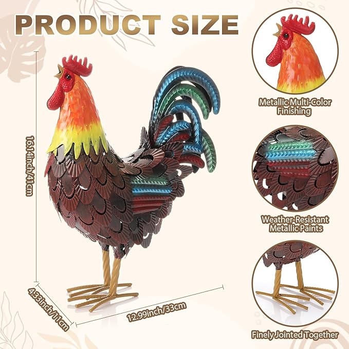 Zhengmy Metal Rooster Garden Statue Lifelike Colorful Metal Rooster Yard Decor Hand-Painted Iron Chicken Sculpture for Patio Lawn Backyard Farmhouse Outdoor Indoor Decoration(Reddish Brown)