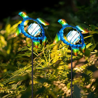 Solar Garden Lights Outdoor 2 Pack,Metal Decorative Stake Solar Lights Blue Sea Turtle Decor for Garden,Pathway,Lawn,Patio,Yard