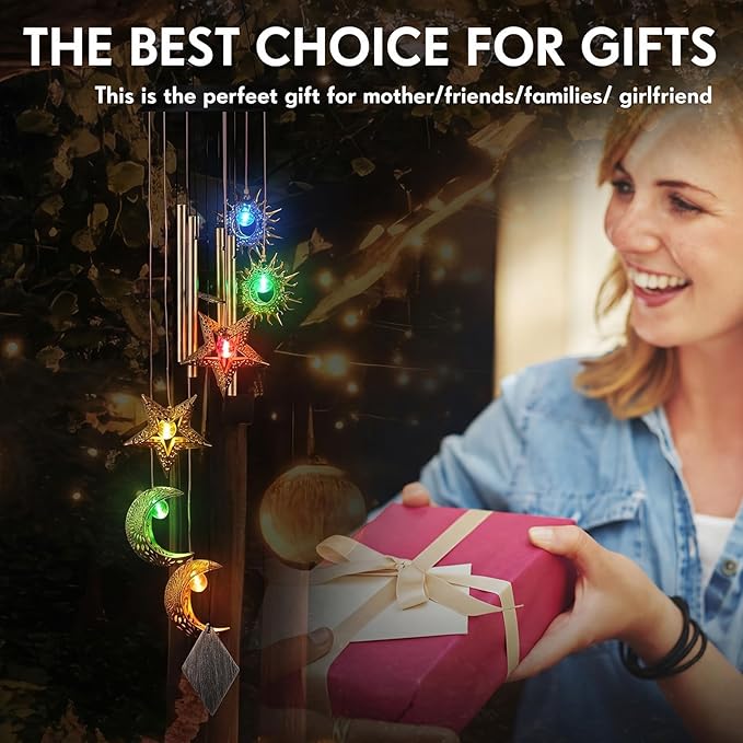 Colingmill Solar Wind Chimes for Outside Waterproof Hanging Wind Chimes Lights Outdoor Decor Yard Garden Gifts for Mother Mom Grandma Wife Neighbors (Sun Moon Star,Colored Lights)
