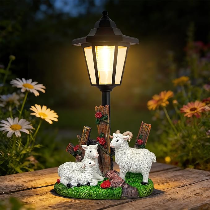 Solar Sheep Garden Outdoor Decor, Farmhouse Sheep Statue with LED Lantern, Decorative Lawn Lights Waterproof Resin Animal Figurine for Yard Patio Pathway Landscape Gift for Mother's Day