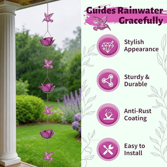 9.2ft Rain Chains for Gutters Outside,Rain Catcher Chain with 6 Lotus Rain Metal Cups & 7 Hummingbird Decor,Adjustable Rain Catcher Chain Replacement Downspout for Gutters,Drainage & Eaves