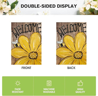AVOIN colorlife Bee Sunflower Spring Summer House Flag 28x40 Inch Double Sided Outside, Welcome Wood Grain Yard Outdoor Flag