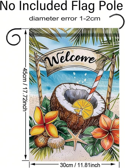 Welcome Coconut Drink Garden Flag Tropical Beach Palm Leaves Ocean Outdoor Yard Porch Lawn Garden Decor for Summer Seaside Patio Coastal Farmhouse Seasonal Home Display