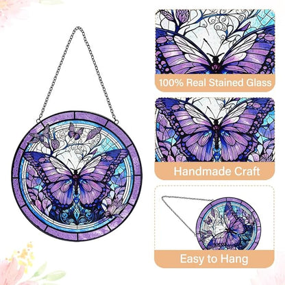 Butterfly Sun Catcher Stained Glass Window Hanging - Purple Butterfly Sun Catchers Wall Art Glass Panel - Handmade Suncatchers for Doors Home Garden Decor - Mothers Day Birthday Gifts for Mom Grandma