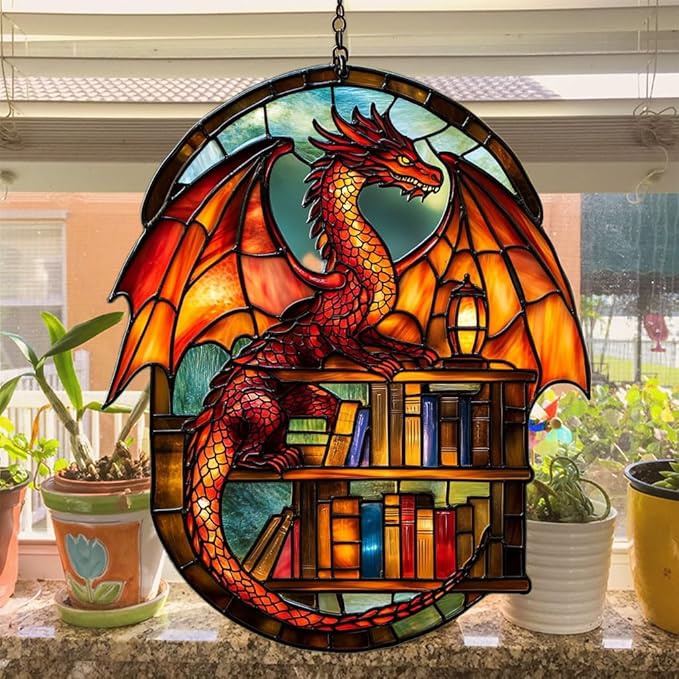 Books and Dragon Acrylic Suncatcher Stained Glass Effect Window Car Hanging Christmas Ornament Indoor Outdoor Decor Garden Sun Catcher Panel for Book Lover for Women Mom Grandma