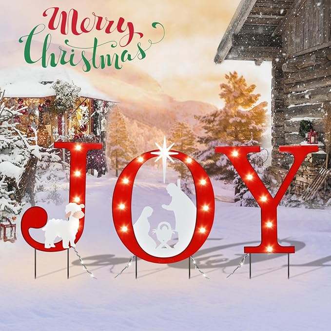 WONDER GARDEN Christmas Metal Yard Stakes, Lighted Joy and Nativity Scene Christmas Garden Stakes Yard Signs, Outdoor Decorations for Lawn Party Outside