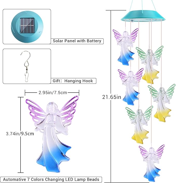 Solar Angel Gift for Mom Girls, Color Changing Solar Wind Chimes for Outside, Outdoor Decorative Mobile Lights for Garden, Yard, Patio, Window, Party Decorations, Gift for Women