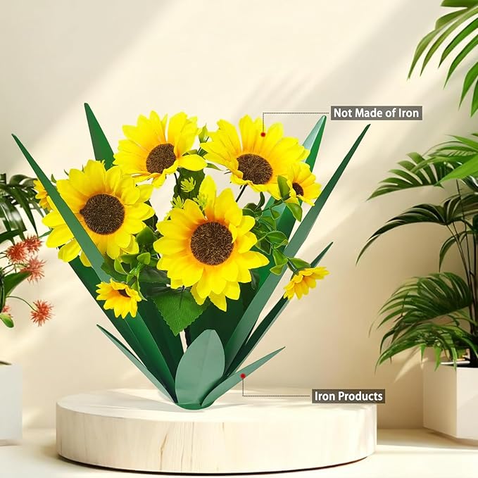 DDQ Metal Agave Plant Outdoor Decor with Artificial Flowers, Mexican Style Garden Sculpture, Waterproof Yard Art for Patio Lawn, Multiple Flower Options (Green Agave + Sunflower/Red/Yellow/Purple)