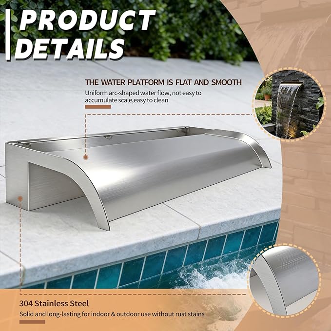 Curved-Mouth Waterfall Pool Fountain, Stainless Steel Waterfall Spillway with Pipe Connector Kits for Outdoor Decorative, 35.4 Inches Pool Water Feature for Garden Patio, Without Cover Plate