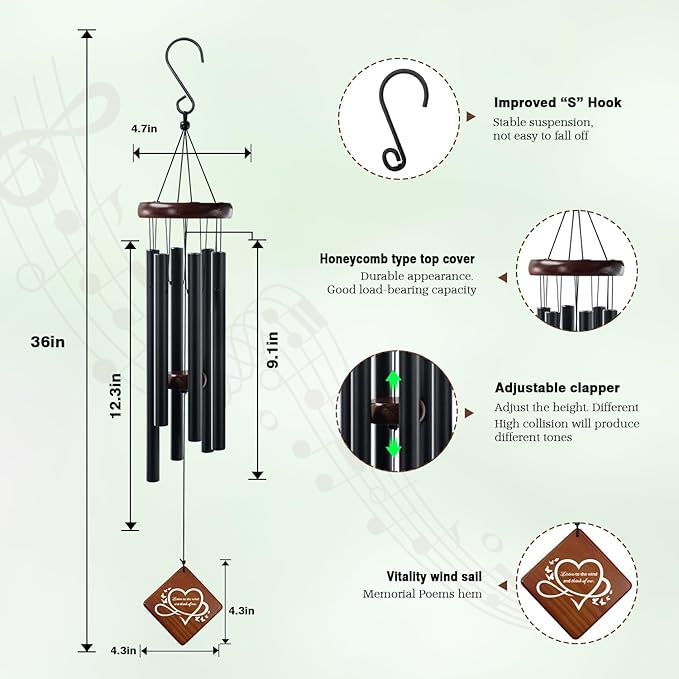 Windchimes in Memory of a Loved One, 36'' Memorial Wind Chime for Outside, Sympathy Wind Chime for Loss of Mother, Father or Loved One, Bereavement Condolence Remembrance Gift for Loss of Loved One