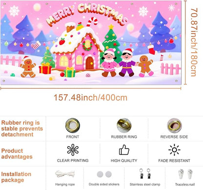 IVN Christmas Garage Door Cover Decoration 13x6ft Gingerbread House Candy Village Pink Snow Scene Merry Christmas Garage Door Banner Home Door Front Yard Decor for Xmas Eve Holiday Outdoor