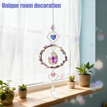 Crystal Wind Chimes Suncatcher, Window Prism Hanging Decor with Rainbow Maker Feature, Metal Frame Crystal Design for Indoor Outdoor Spaces, Home Garden Gifts Idea