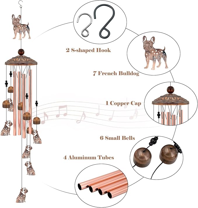 36" French Bulldog Wind Chimes for Outside - Rustic Copper Frenchie Dog Silhouette Decor with 6 Handcrafted Pendants - Sympathy Dog Memorial Windchime - Unique Gift for Frenchie Lovers & Pet Owners