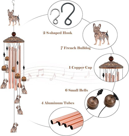 36" French Bulldog Wind Chimes for Outside - Rustic Copper Frenchie Dog Silhouette Decor with 6 Handcrafted Pendants - Sympathy Dog Memorial Windchime - Unique Gift for Frenchie Lovers & Pet Owners
