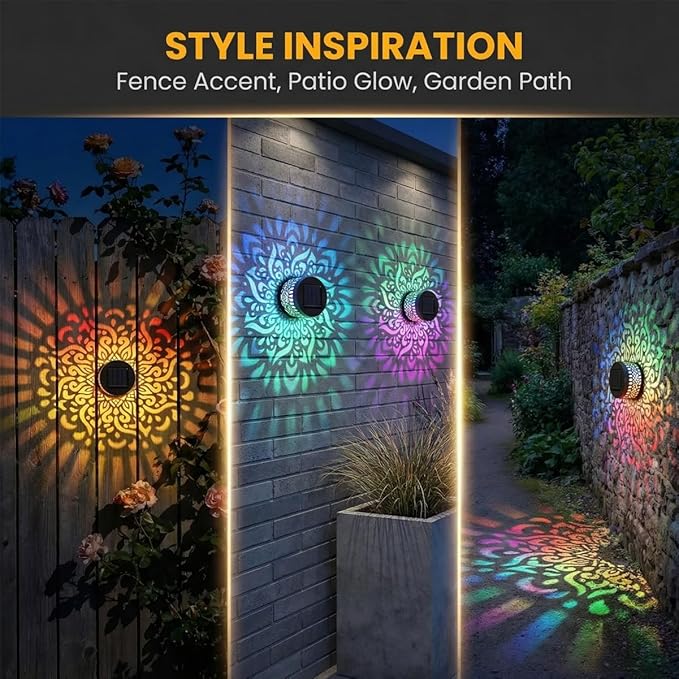 Lscsdf Seven-Color Changing Solar Mandala Projection Wall Light Decorative Solar Mandala Lights Outdoor Waterproof Metal Fence Lights for Yard Garden Post Patio Backyard Decor (1pc)