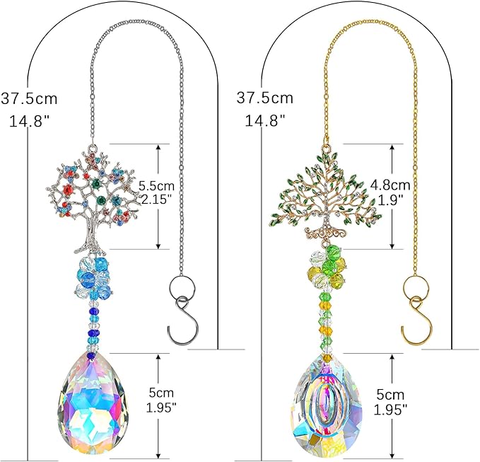 Crystal Suncatchers Window Crystals Hanging Suncatcher Colorful Glass Beads Chain Wind Chimes for Garden Outdoor Pendant Home Decor Gifts (2Pack- Tree of Life)