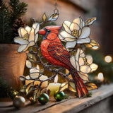Vivid Cardinal Floral Tiffany Art Acrylic Suncatcher Stained Glass Effect Window Car Hanging Christmas Ornament Indoor Outdoor Decor Garden Sun Catcher Panel for Cardinal Lover for Women Mom Grandma