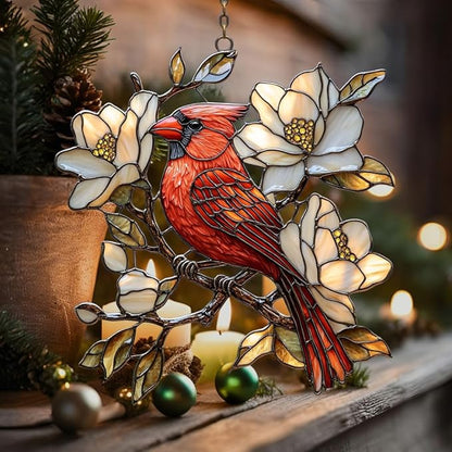 Vivid Cardinal Floral Tiffany Art Acrylic Suncatcher Stained Glass Effect Window Car Hanging Christmas Ornament Indoor Outdoor Decor Garden Sun Catcher Panel for Cardinal Lover for Women Mom Grandma
