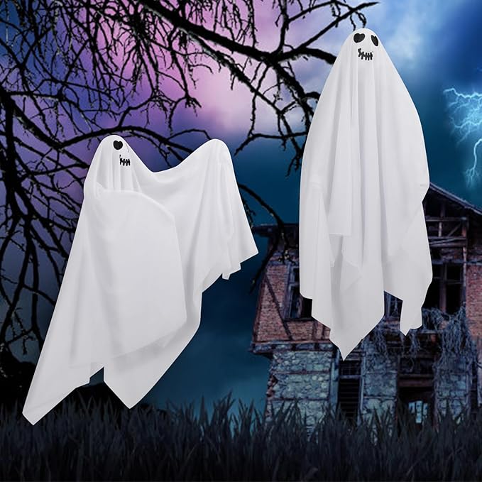 4 Pack Halloween Hanging Ghosts Decor, Hanging Halloween Decorations Outdoor, Halloweens Flying Ghost for Front Yard Porch Patio Lawn Garden Trees Party Décor and Holiday Halloweens Hang Decorations
