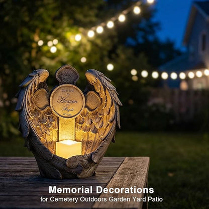 12" Angel Wings Memorial Statue with Cross & LED Candle, Bereavement Condolence Gift, Remembrance Garden Figurine Decor, Waterproof Garden Sculpture Sympathy Gifts for Women, Mom, Grandma, Lover