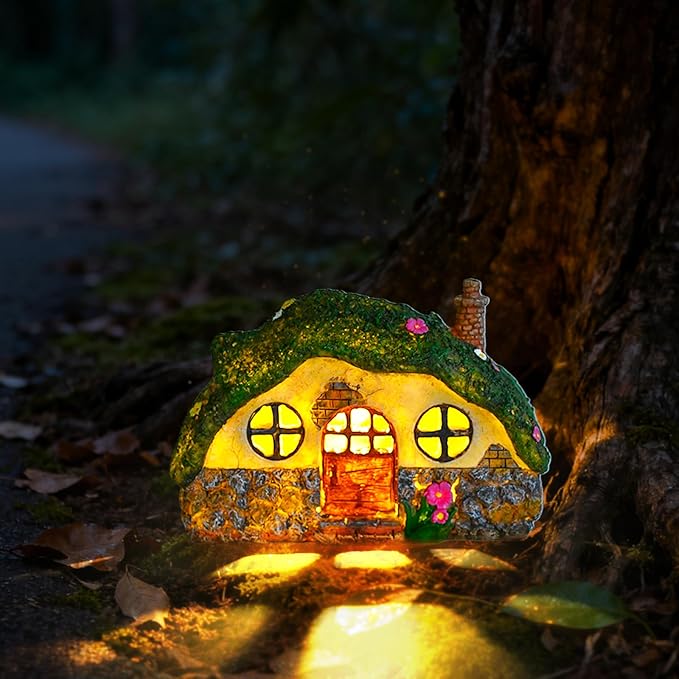 Solar Fairy Garden House, Outdoor Resin Statues, Outdoor Figurine Lights, Fairy Houses for Outside, Garden Statues House, for Patio, Yard, Balcony Decoration