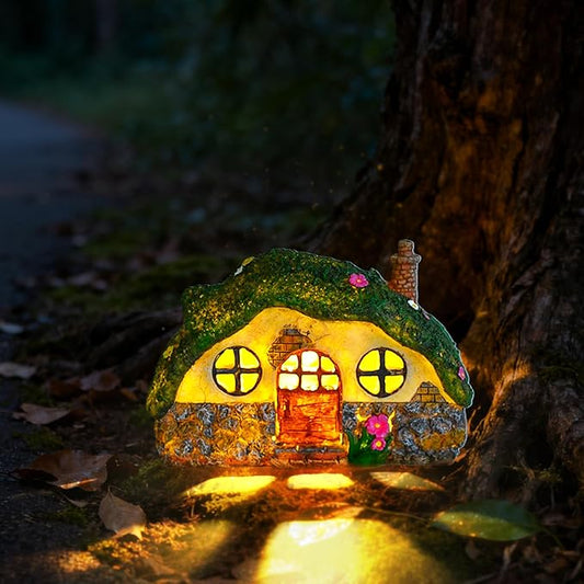 Solar Fairy Garden House, Outdoor Resin Statues, Outdoor Figurine Lights, Fairy Houses for Outside, Garden Statues House, for Patio, Yard, Balcony Decoration