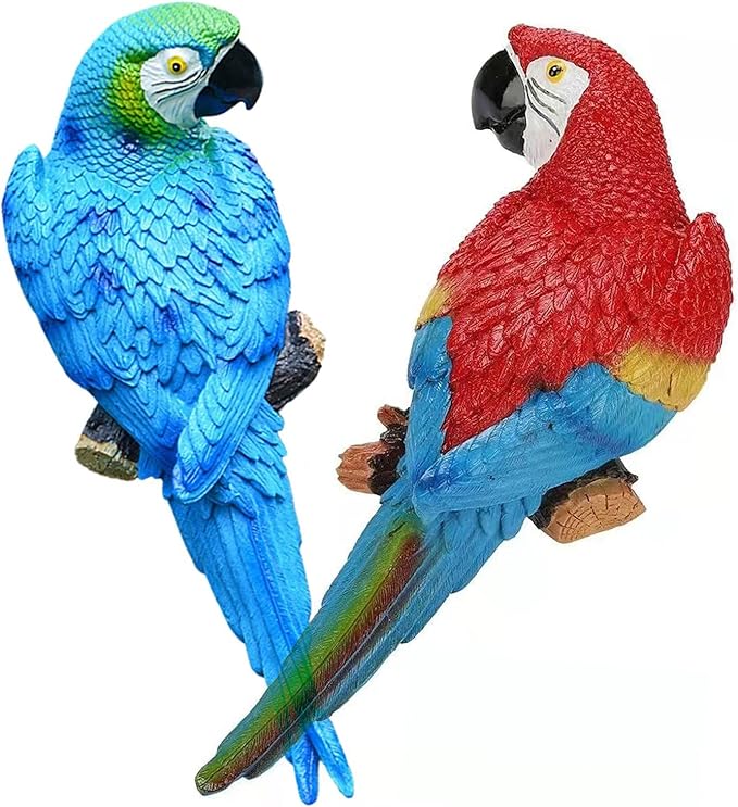 2Pcs Large Parrot Decor Outdoor Tiki Bar Decorations Realistic Parrot Statues for Outside Lifelike Bird Fake Macaw Sculptures Garden Patio Yard Law Tropical Tree Wall Decoration(Blue, Red)