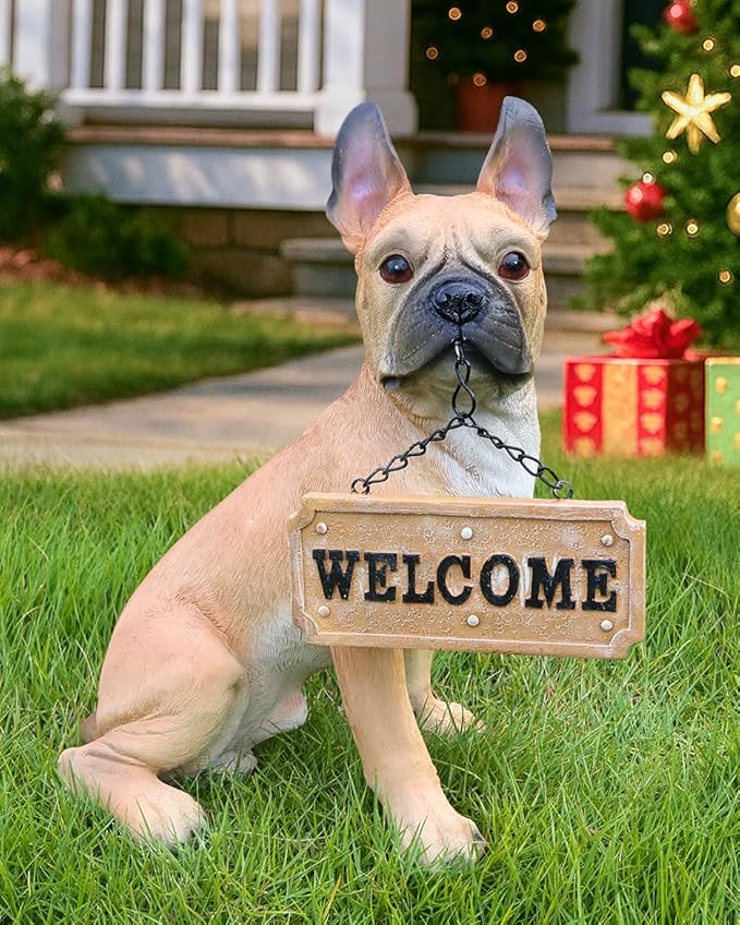 French Bulldog Statue with Solar Lantern & Double-Sided Welcome Sign, Lifelike Fawn Frenchie Dog Garden Decor Sculpture for Outdoor, Patio, Yard, Lawn Porch Ornament, Dog Lover Gifts (13.8" Tall)