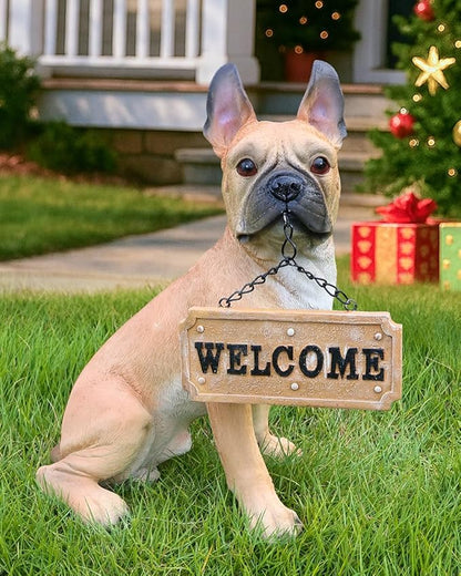 French Bulldog Statue with Solar Lantern & Double-Sided Welcome Sign, Lifelike Fawn Frenchie Dog Garden Decor Sculpture for Outdoor, Patio, Yard, Lawn Porch Ornament, Dog Lover Gifts (13.8" Tall)