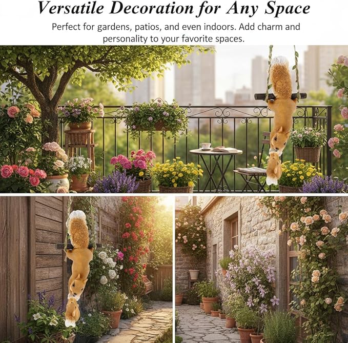 SUPVOX Hanging Squirrel Ornament for Tree Hand-Painted Resin Squirrel Statue with Durable Flax Rope Outdoor Garden Decor for Patio Balcony and Yard 12.59X5.51X2.75 Inches