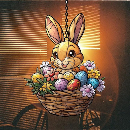 Warm Mosaic Bunny Easter Basket Acrylic Suncatcher Stained Glass Effect Window Car Hanging Christmas Ornament Indoor Outdoor Decor Garden Sun Catcher Panel for Easter Lover for Women Mom Grandma