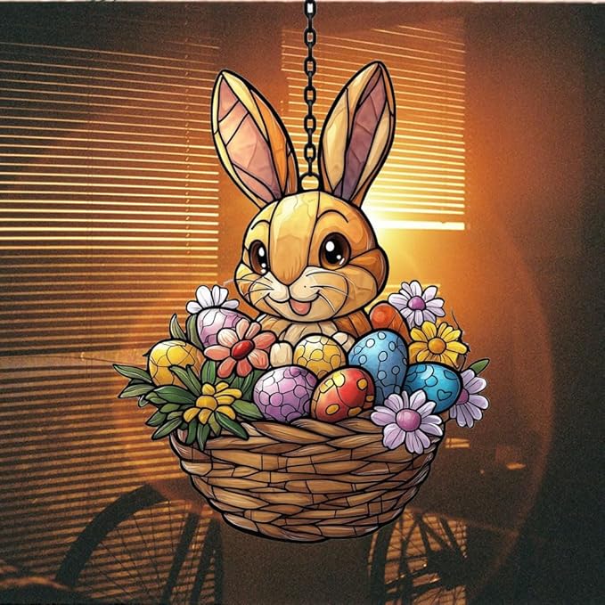 Warm Mosaic Bunny Easter Basket Acrylic Suncatcher Stained Glass Effect Window Car Hanging Christmas Ornament Indoor Outdoor Decor Garden Sun Catcher Panel for Easter Lover for Women Mom Grandma
