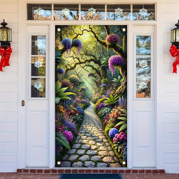 Christmas Door Cover 71x35 Inch Double Sided Outdoor Santa Deer Tree Gift Red BowStripe Welcome Decoration for Front Porch Holiday Xmas Winter Door Banner Party Home Decor