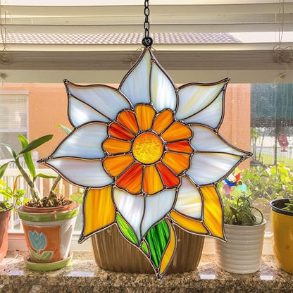Narcissus Mosaic Style Acrylic Suncatcher Stained Glass Effect Window Car Hanging Christmas Ornament Indoor Outdoor Decor Garden Sun Catcher Panel for Floral Lover for Women Mom Grandma