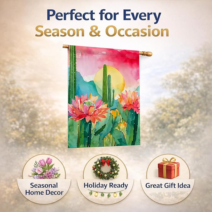 Caroline's Treasures Arizona Saguaro Cactus Blossom in Watercolor House Flag Large Porch Sleeve Pole Decorative Outside Yard Banner Artwork Wall Hanging, Polyester, House Size, Multicolor