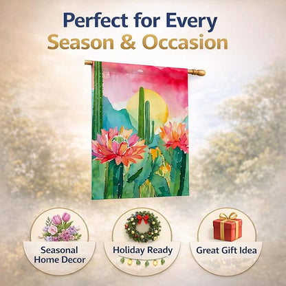 Caroline's Treasures Arizona Saguaro Cactus Blossom in Watercolor House Flag Large Porch Sleeve Pole Decorative Outside Yard Banner Artwork Wall Hanging, Polyester, House Size, Multicolor