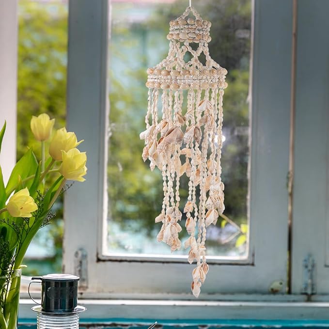 Toddmomy Shell Wind Chime Hanging Ornament 16.53In Coastal Decorative Wind Chimes for Outside Patio Garden Wall Hanging Pendant Natural Home Decoration