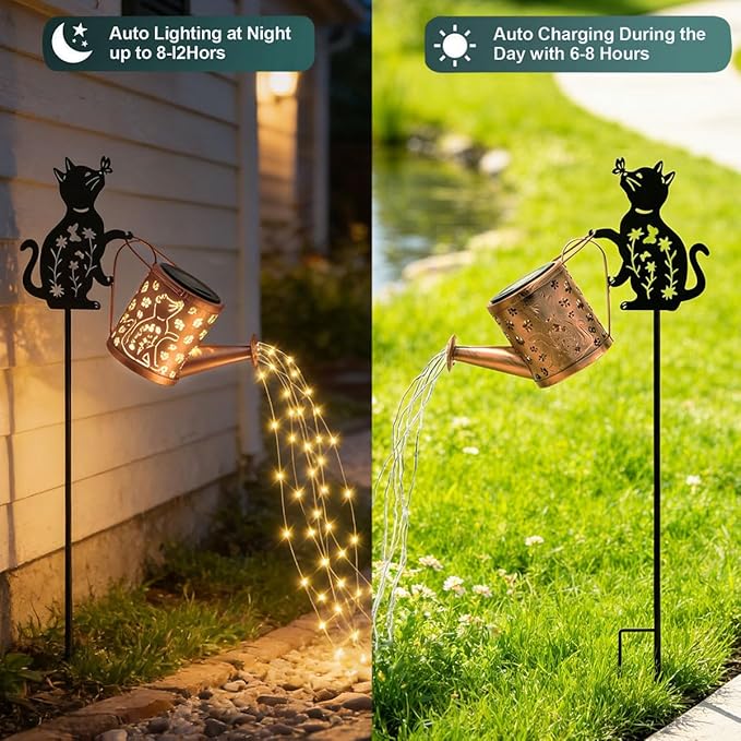 Solar Outdoor Garden Decorative Watering Can with Light, Featuring Metal Cat Silhouette Garden Stake, Waterproof Garden Decor,for Lawns, Pathways,Garden Gift for Women