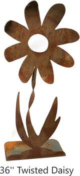 Metal Rustic and Colorful Flower Stakes Ranging from 9.5 to 36 Inches Tall (Twisted Daisy on Flat Base, Set of Two 36", Naturally Rusted)
