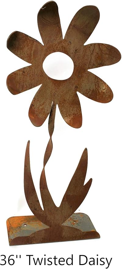 Metal Rustic and Colorful Flower Stakes Ranging from 9.5 to 36 Inches Tall (Twisted Daisy on Flat Base, Set of 24" and 36", Naturally Rusted)