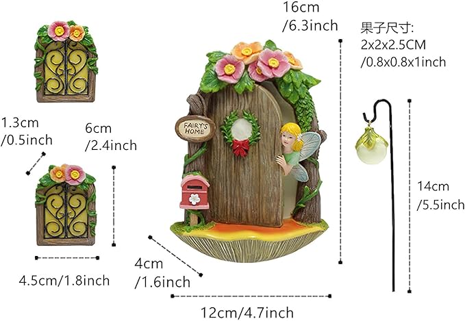 Fairy Garden Decor Fairy Door and Windows for Trees, Glow in The Dark Yard Sculpture Lawn Ornament Mini Garden Art Outdoor Decor Accessories with Lantern (Fairy Opening Door)